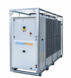 Ilustracja wydajnego, nowoczesnego agregatu chłodniczego o mocy 100 kW, agregatu chłodniczego, agregatu chłodniczego do stosowania w chłodzeniu procesowym, klimatyzacji budynków i chłodzeniu hal.