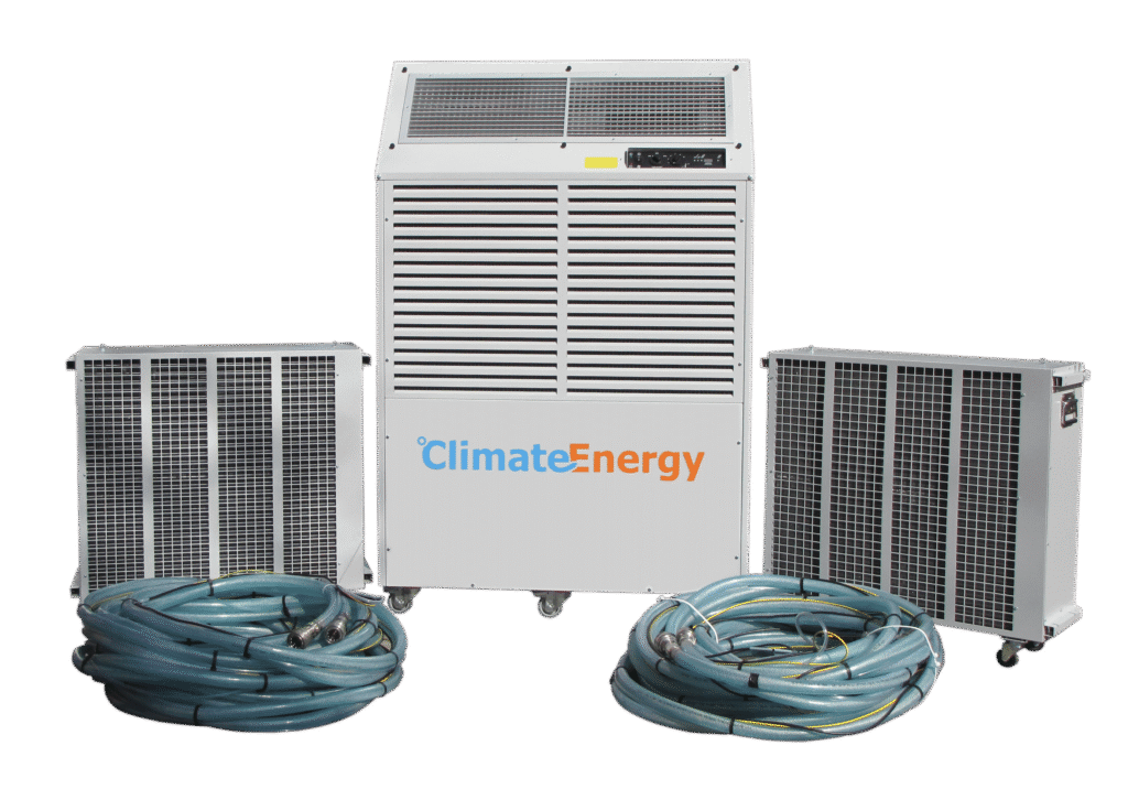 Mobiles 27 kW Split-Klimagerät CE-KL-27 mit zwei externen Wärmetauschern und Glykol-Wasserkreislauf – flexible Schlauchleitungen bis 30 m, ideal für Lagerhallen, Produktionsbereiche, Werkstätten, Serverräume, Zelte und Events