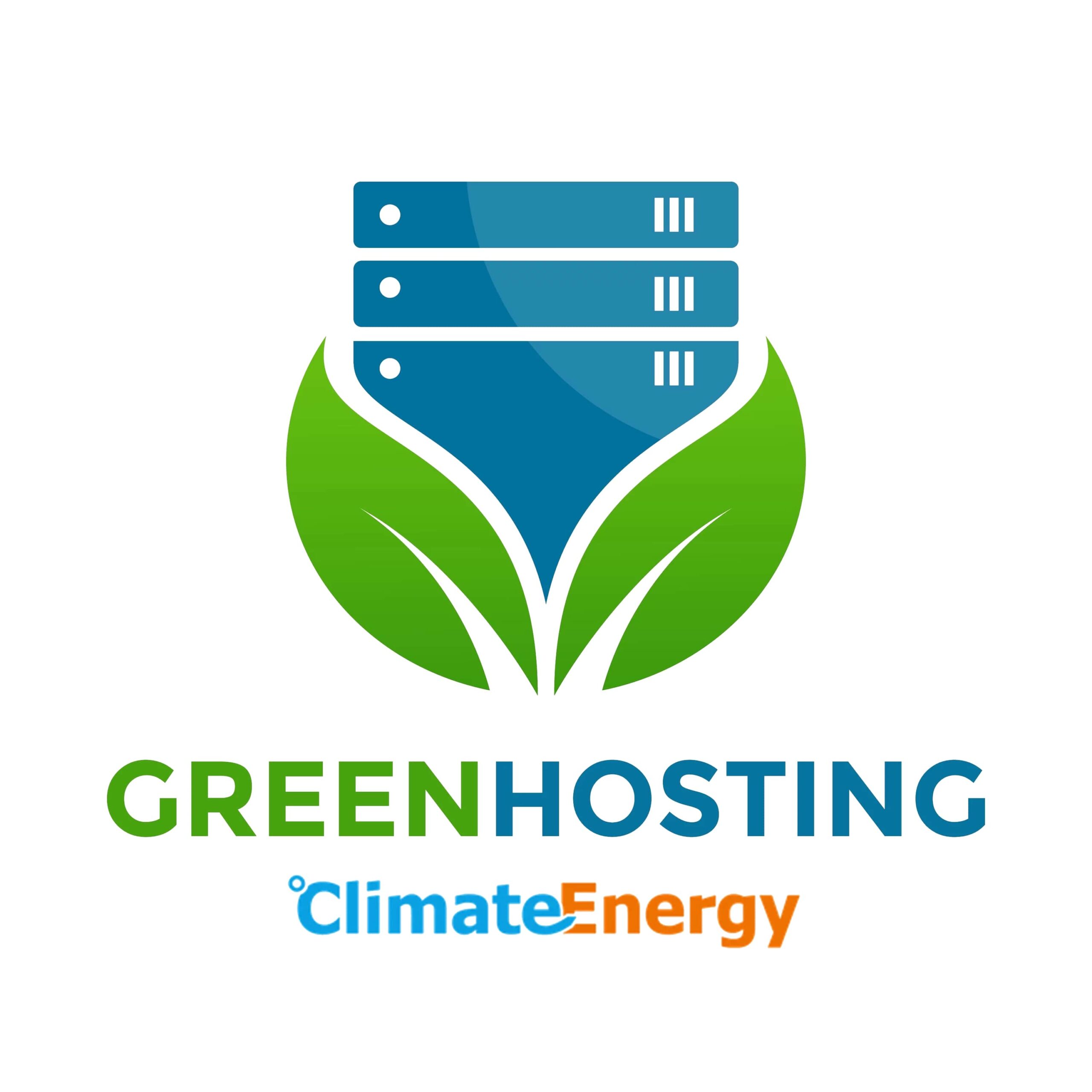 Logo von Greenhosting mit Servern in einem Blattdesign. Fokus auf nachhaltige Energie. Climate Energy.