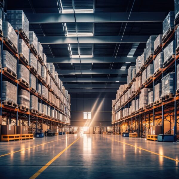 Ein moderner Lagerraum mit hohen Regalen voller Paletten, beleuchtet von nat&uuml;rlichem Licht. Climate Energy.