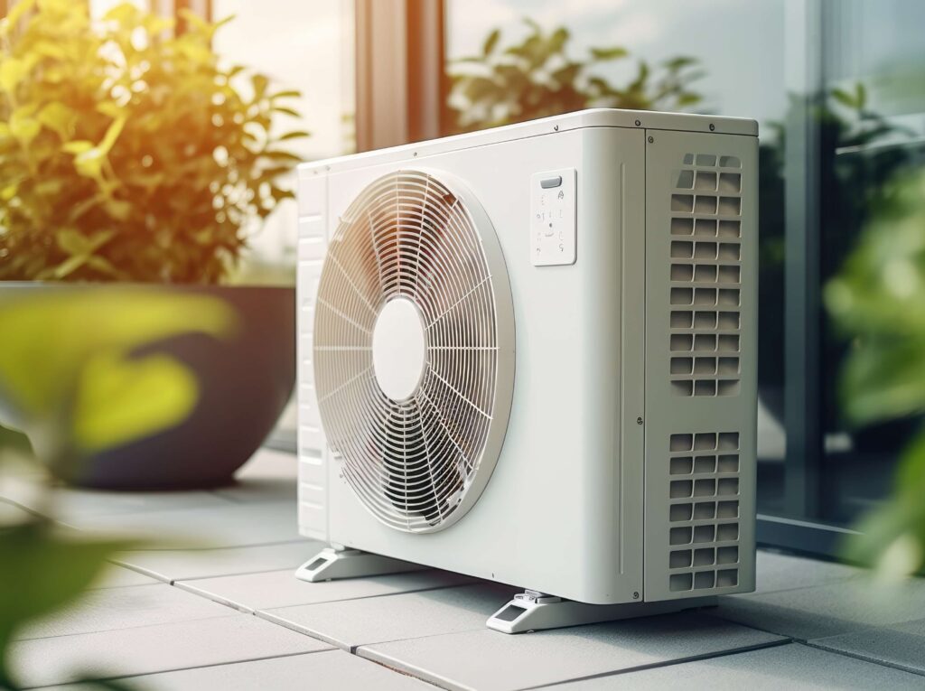 Moderne Au&szlig;eneinheit einer Klimaanlage auf einer Terrasse &ndash; Mietk&auml;lte-L&ouml;sung f&uuml;r flexible K&uuml;hlung von Climate Energy