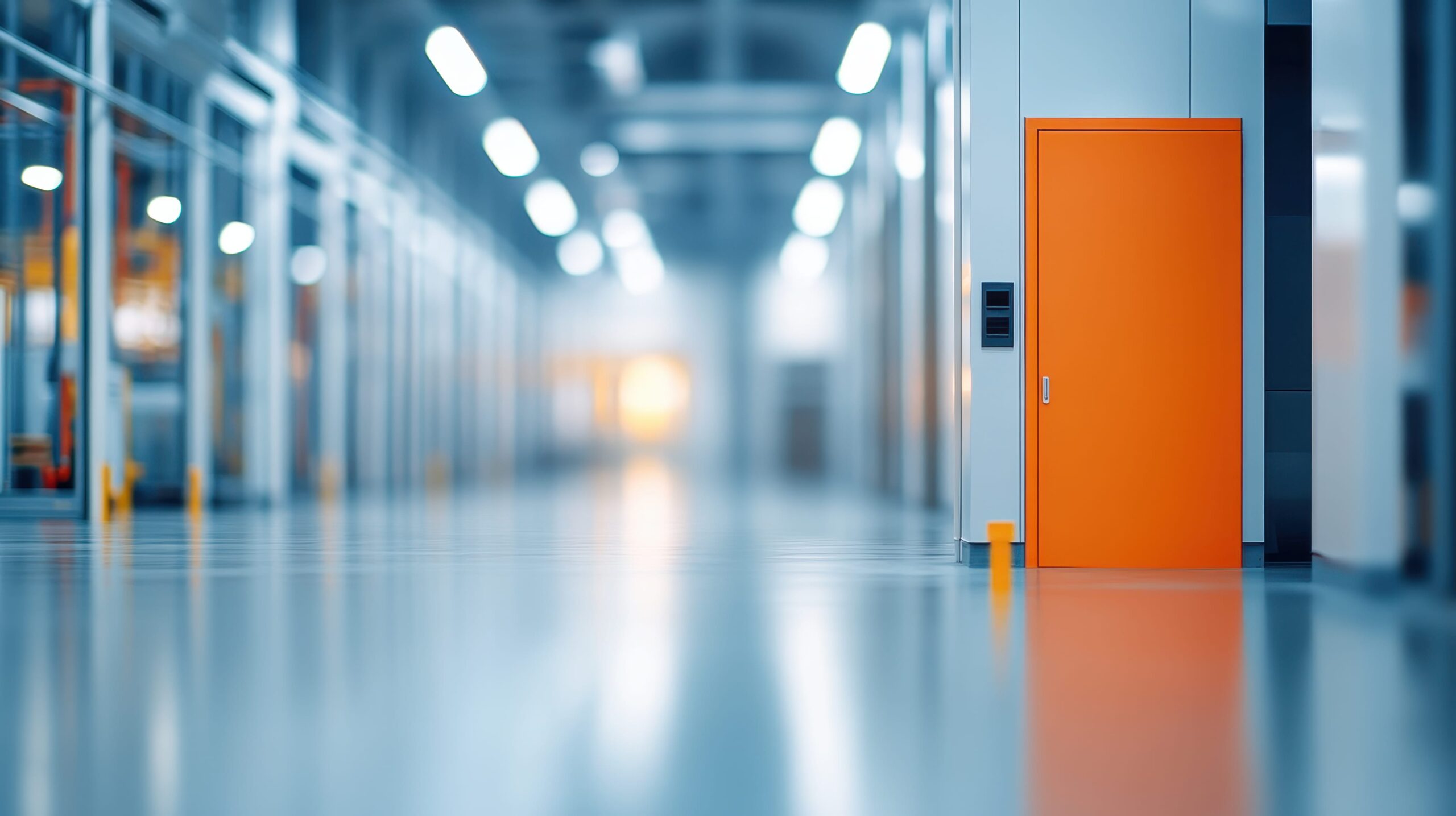 Ein moderner, heller Flur mit orangefarbener Tür, der für 'Climate Energy' steht.