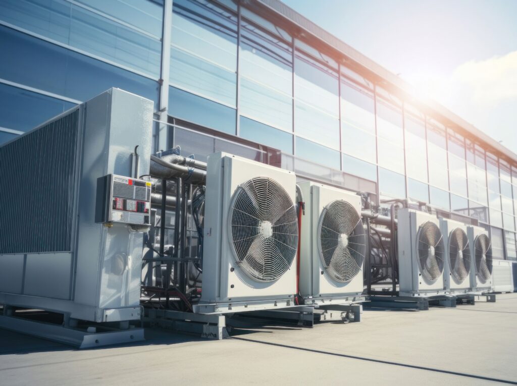 Moderne Klimaanlagen vor einem gro&szlig;en Geb&auml;ude, mit Fokus auf Energieeffizienz. Climate Energy.