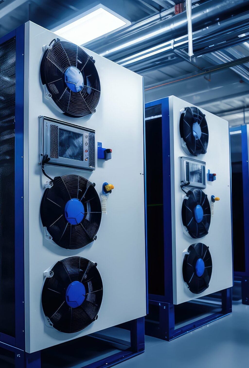 Reihe moderner Kaltwassers&auml;tze mit Ventilatoren in einer Industriehalle &ndash; Gr&uuml;nde f&uuml;r das Mieten von Kaltwassers&auml;tzen wie Notf&auml;lle, tempor&auml;re K&uuml;hlung oder Flexibilit&auml;t.