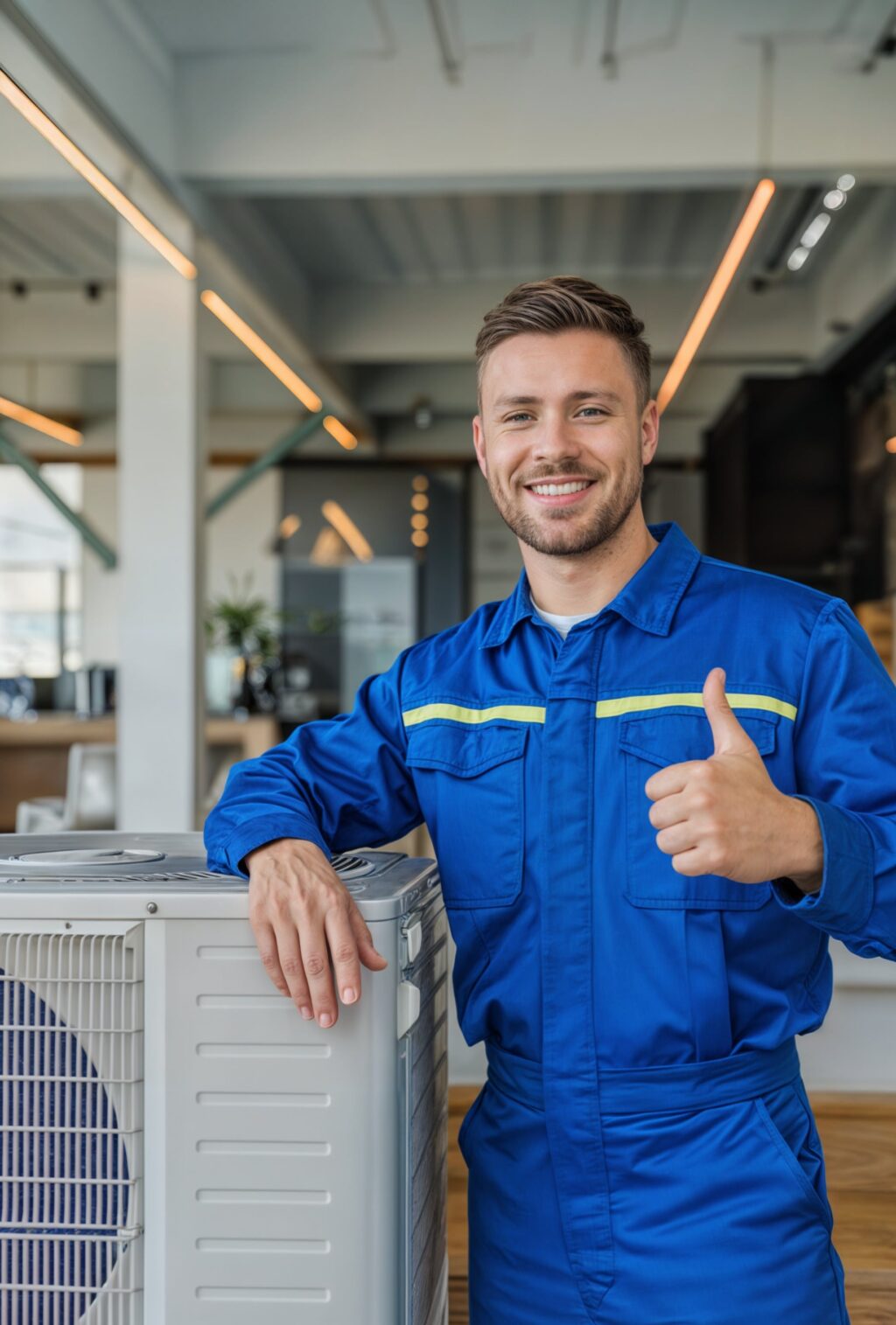 Techniker mit Kaltwassersatz im Innenbereich zeigt Daumen hoch &ndash; Vorteile vom Kaltwassersatz mieten wie Flexibilit&auml;t, Kostenkontrolle und schnelle Bereitstellung.