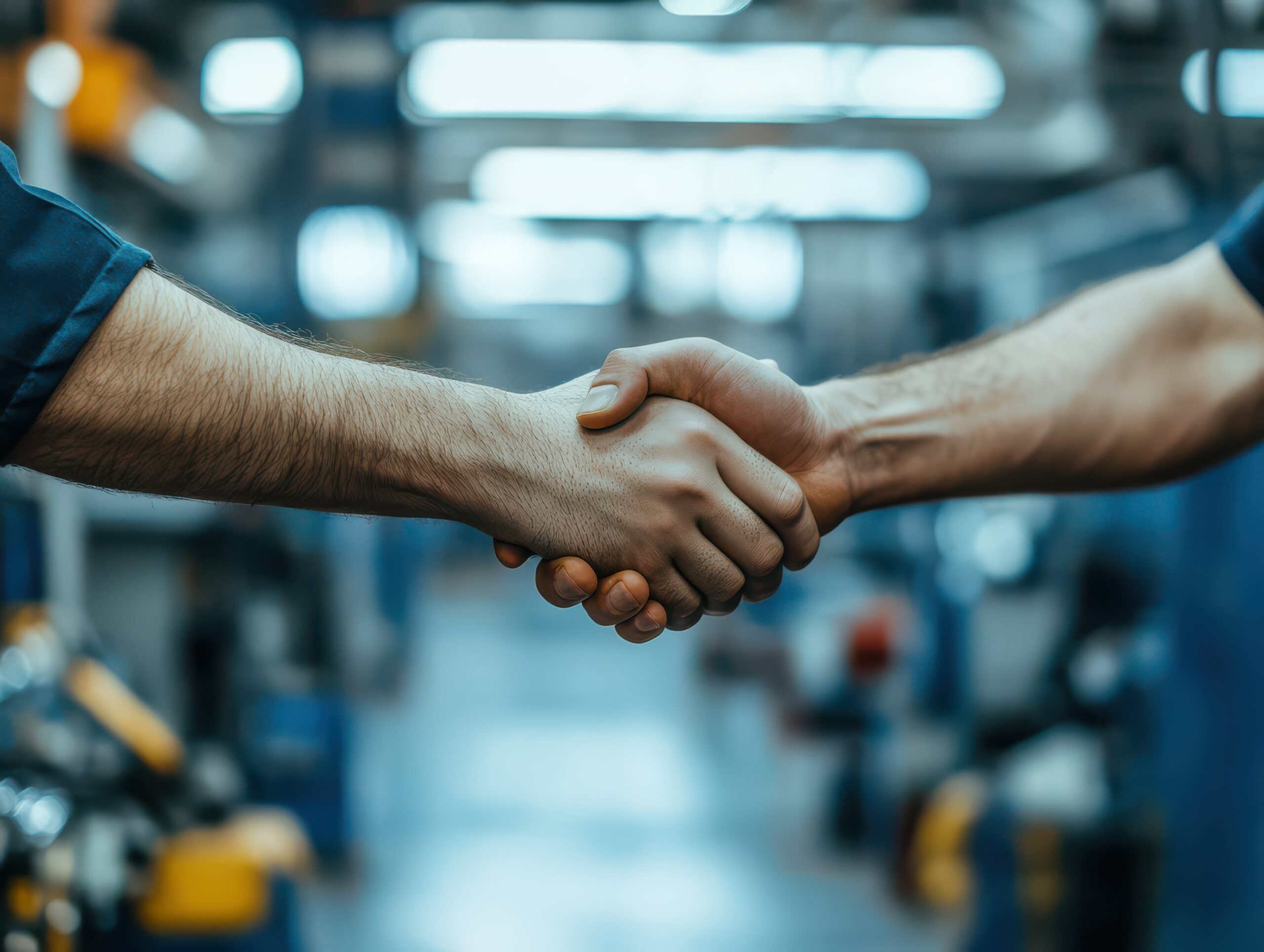 H&auml;ndedruck zwischen zwei Personen in einer Werkstatt, symbolisiert Zusammenarbeit in der Klim energie.