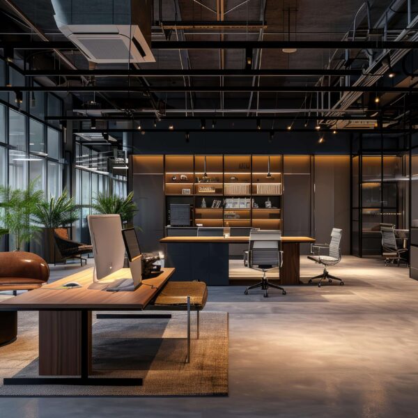 Modernes B&uuml;ro mit Pflanzen, eleganten M&ouml;beln und hellen Akzenten. Ideal f&uuml;r Klimaenergie-Initiativen.