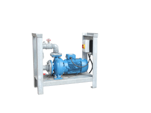 Blaues Pumpensystem auf einem Metallgestell, geeignet für Anwendungen in Klima- und Energietechnologien. Climate Energy.