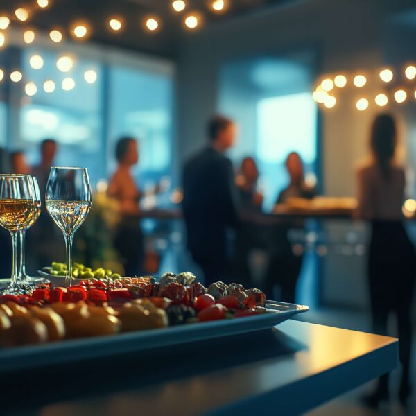 Event mit Buffet und G&auml;sten im Hintergrund &ndash; Bedarf an Eventklimatisierung und Klimaenergie.