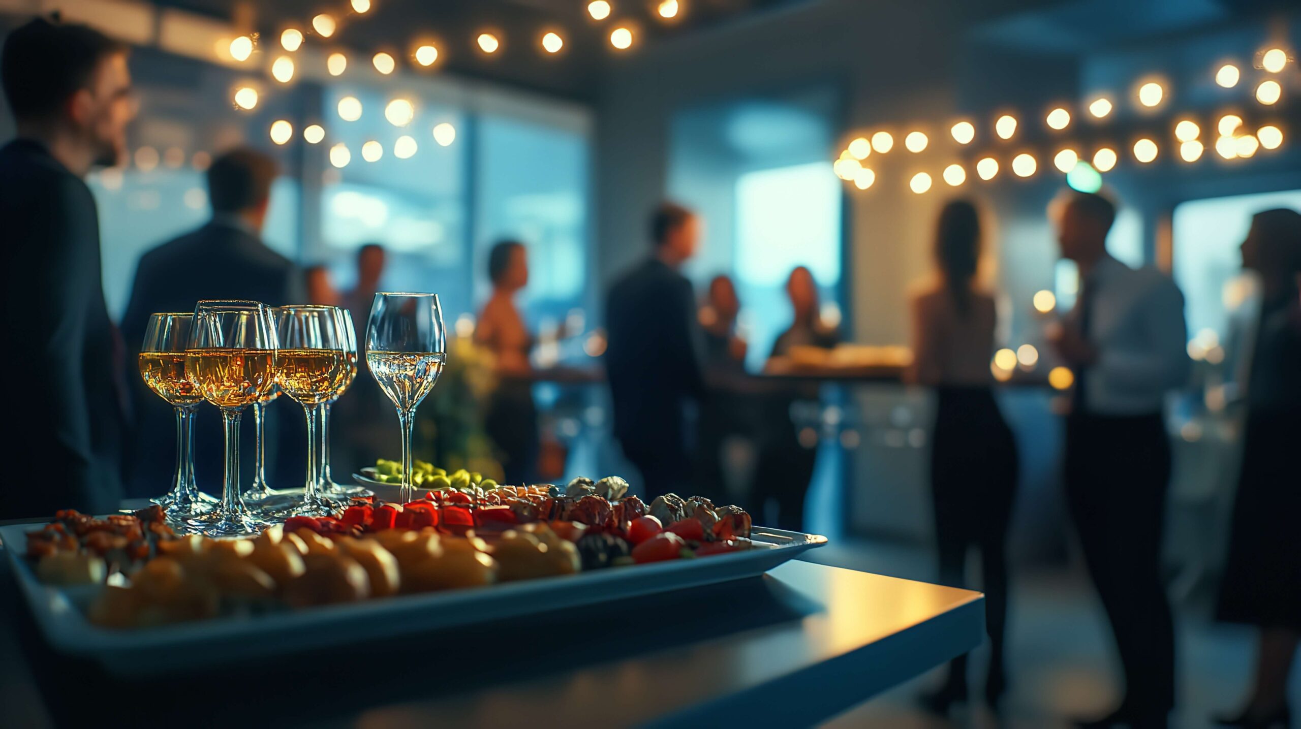 Event mit Buffet und G&auml;sten im Hintergrund &ndash; Bedarf an Eventklimatisierung und Klimaenergie.