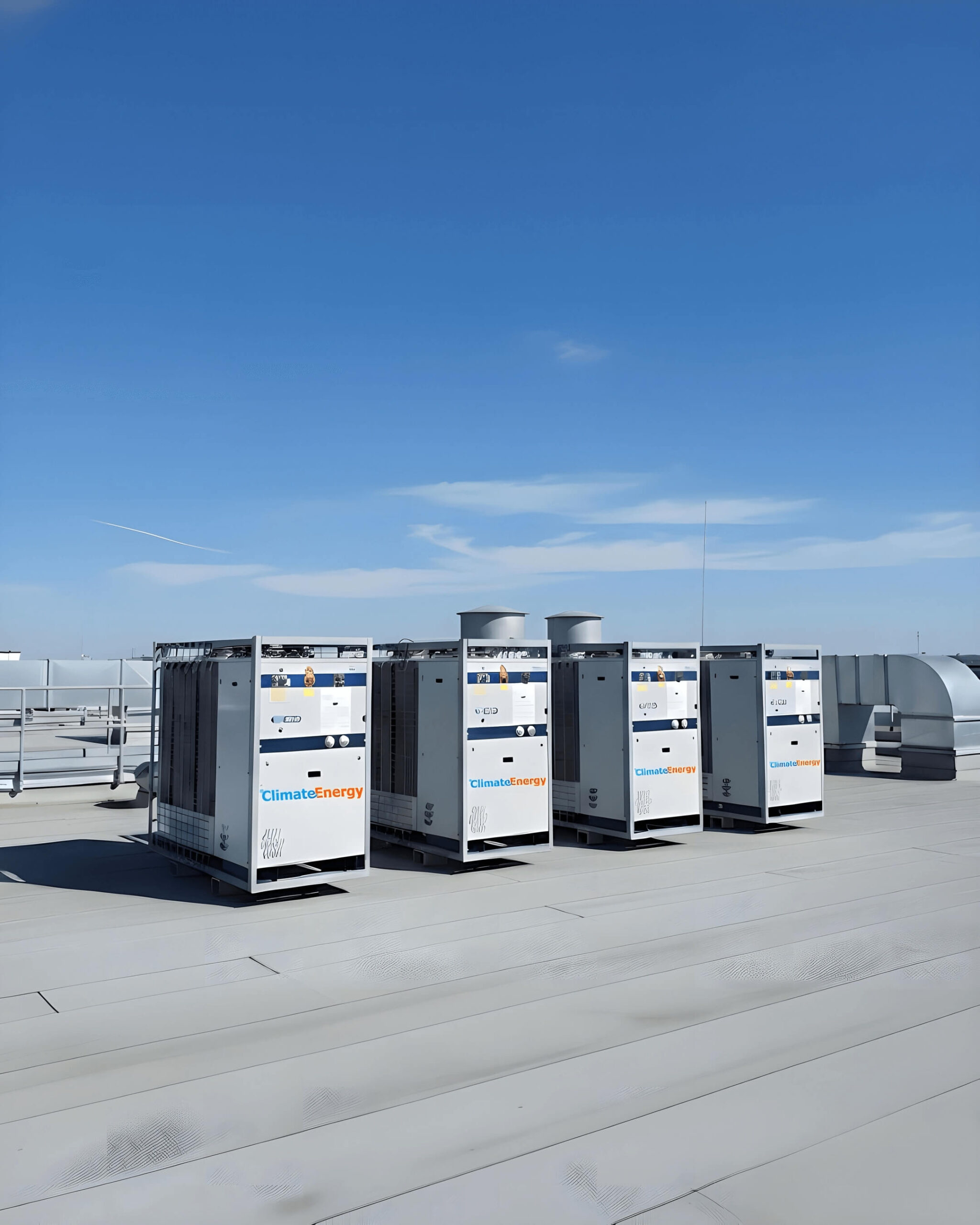 Mehrere Kaltwassers&auml;tze auf Flachdach &ndash; industrielle Klimaenergie-K&uuml;hlanlagen.