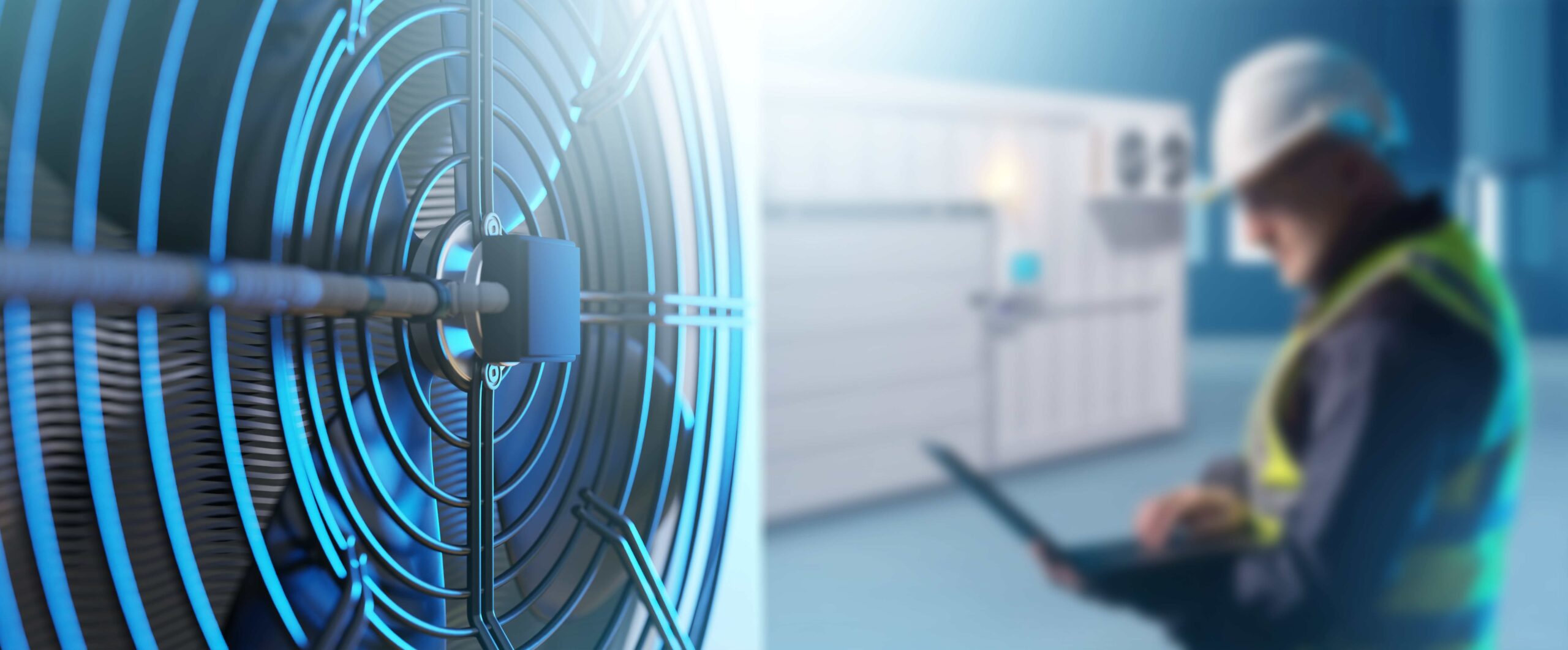 Industrieventilator im Fokus mit Techniker im Hintergrund – Kühlung und Klimaenergie.