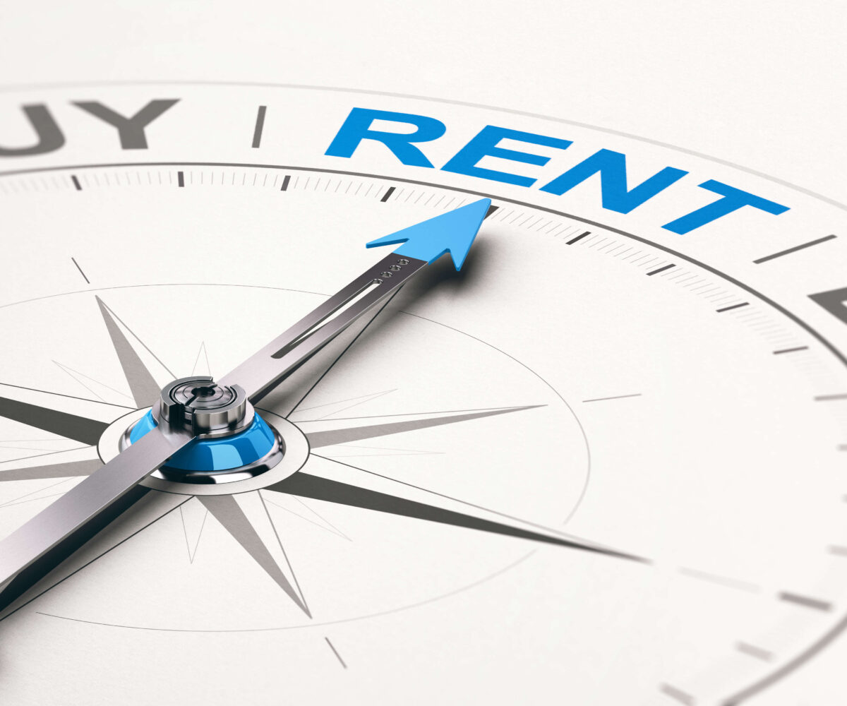 Kompassnadel zeigt auf &bdquo;Rent (Mieten)&ldquo; &ndash; Entscheidungshilfe f&uuml;r Mietl&ouml;sungen im Klimaenergie-Bereich.