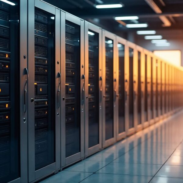 Serverreihen im Rechenzentrum &ndash; temperaturkritische IT-Umgebung und Klimaenergie.